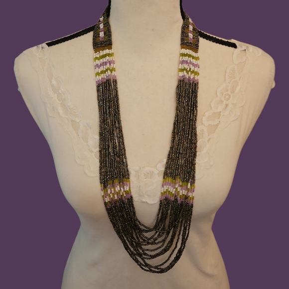 Hand Crafted Jewelry - Vtg HANDMADE Multicolor Oil Spill Bead Woven Multi-strand Long Necklace